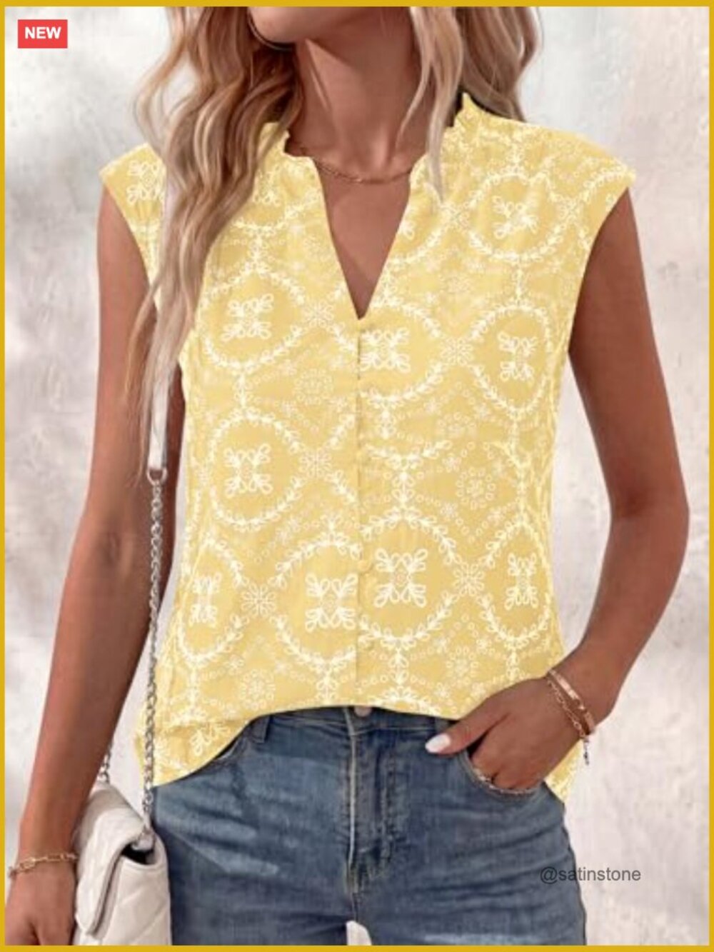 Boho Eyelet Embroidered Sleeveless Button Down Shirt Beach Vacation Top - Picture 2 of 7